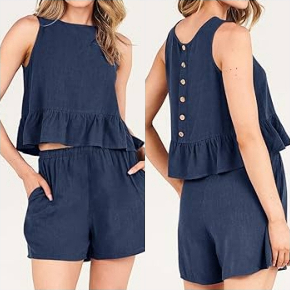 Beachsissi Reversible Navy Blue Linen Ruffle Trim Sleeveless Crop Top